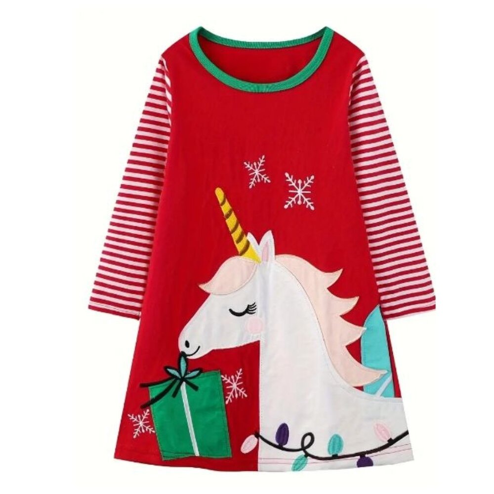 Christmas Unicorn Girls Red Long Sleeve Tunic Dress